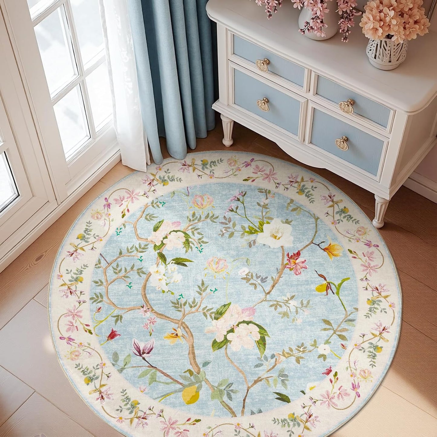 5ft Round Floral Rug Soft Non-Slip Mat for Indoor Spaces