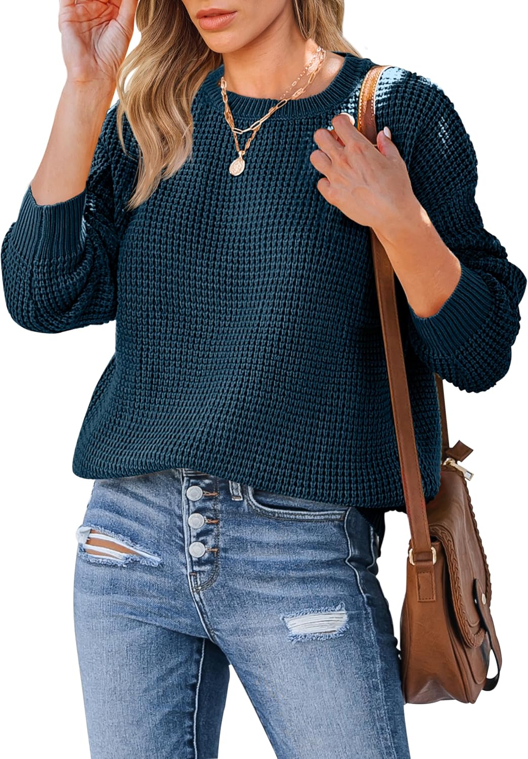 MEROKEETY Women's Long Sleeve Waffle Knit Sweater for Style