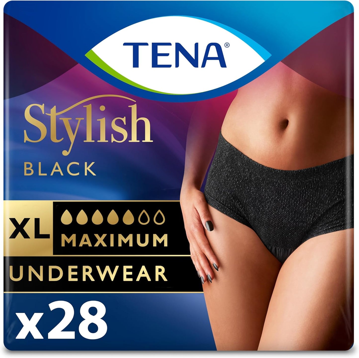 TENA Stylish Black Incontinence Underwear, XL, Maximum Absorbency