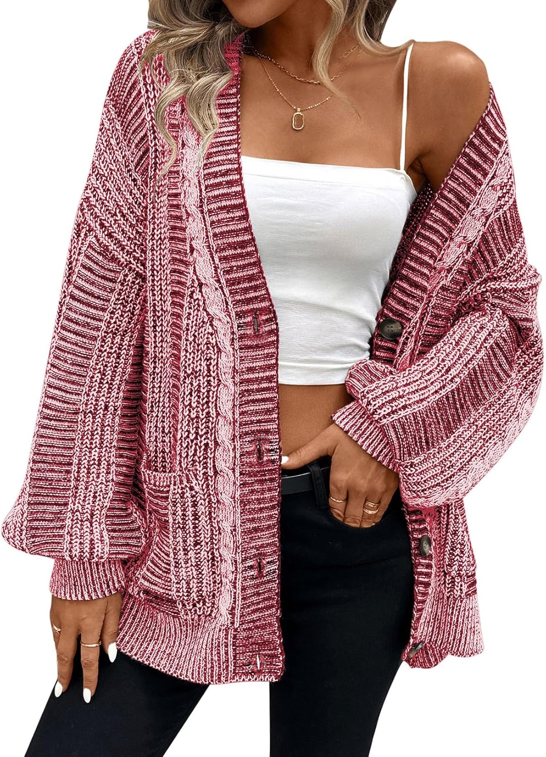 Pink Queen Women's Oversized Cable Knit Cardigan Sweater for Fall