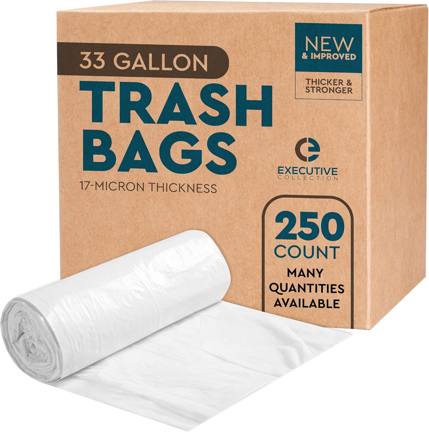 33 Gallon Trash Bags - Heavy Duty Clear Plastic Liners 250 Count