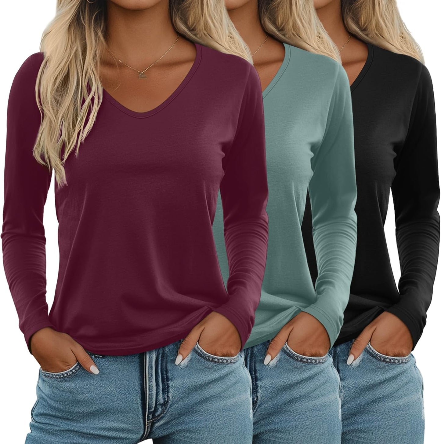 Ficerd Women's Long Sleeve V Neck T Shirts - Casual Trendy Tops