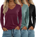 Ficerd 3 Pack Women's Long Sleeve V Neck Tees - Soft Stretch Basics