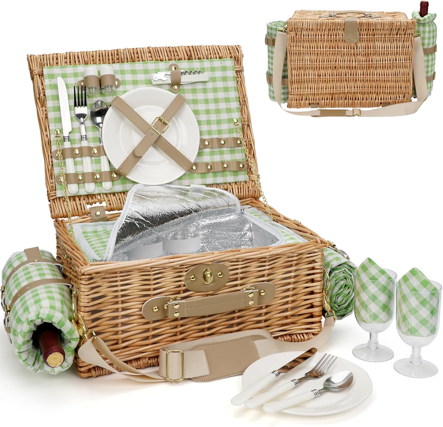 Insulated Picnic Basket for 2 with Waterproof Blanket and Strap