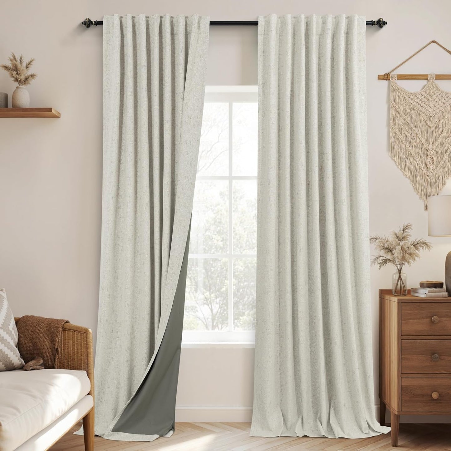 KOUFALL Boho Natural Linen Blackout Curtains for Home Decor