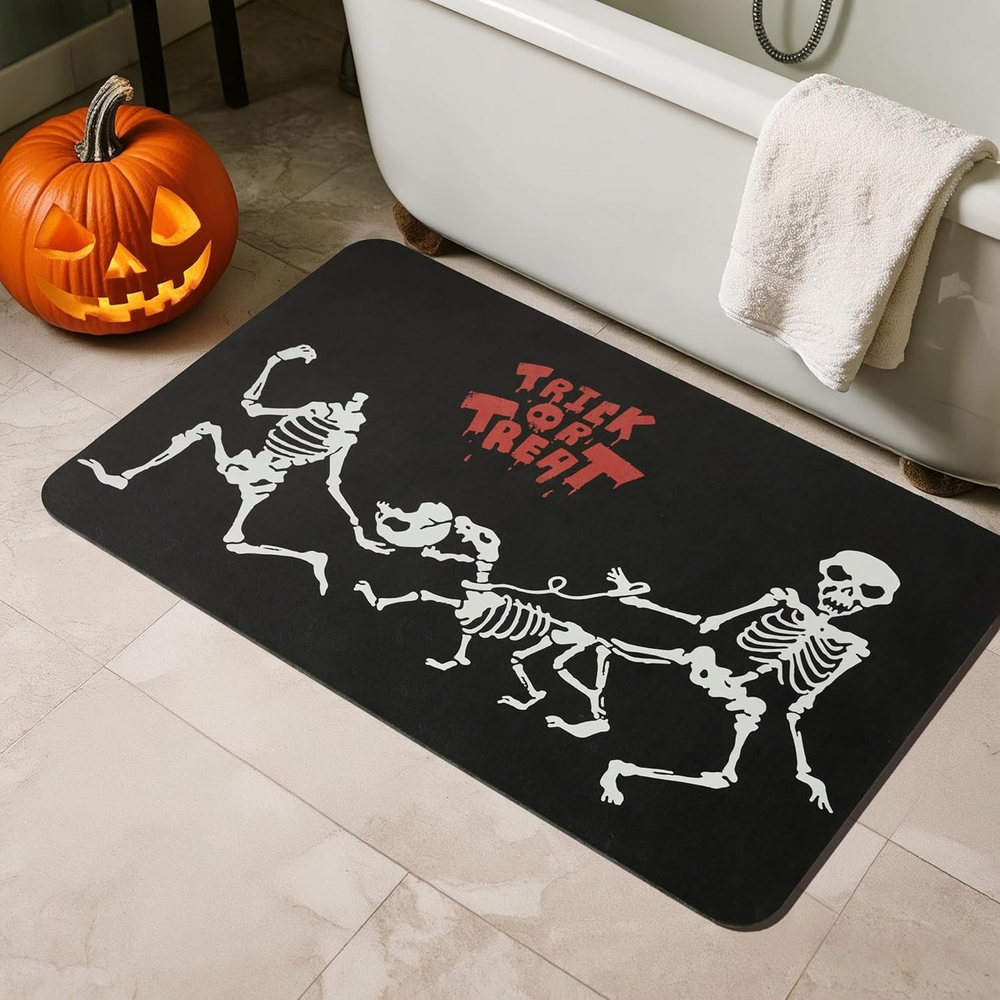 Halloween Bath Mat Non Slip Quick Dry Skeleton Rug for Decor