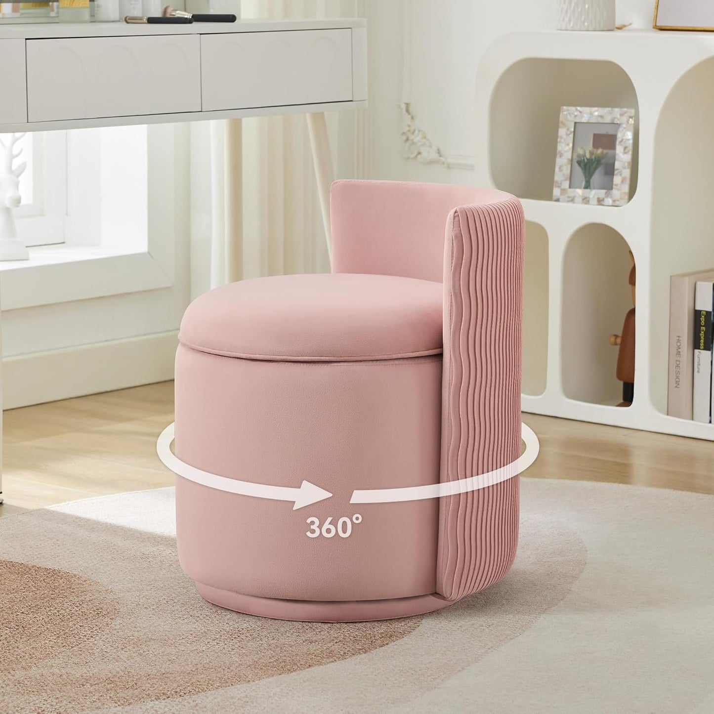 Velvet Vanity Chair with Storage and 360 Swivel Design for Comfort