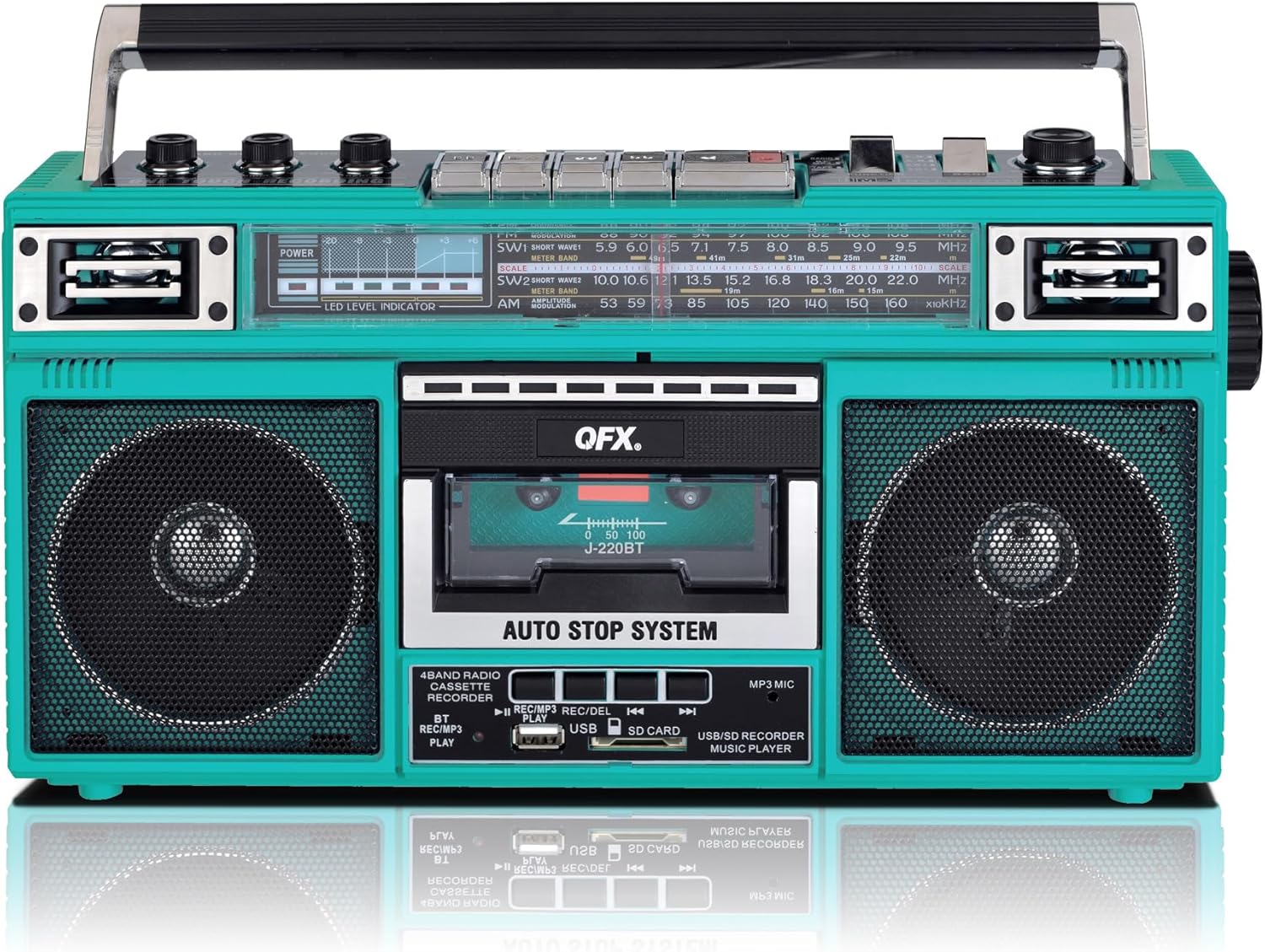 QFX J-220BTTQ Aqua Turquoise Boombox with Bluetooth and More
