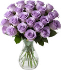 25 Purple Roses in Hand Blown Glass Vase for Any Occasion