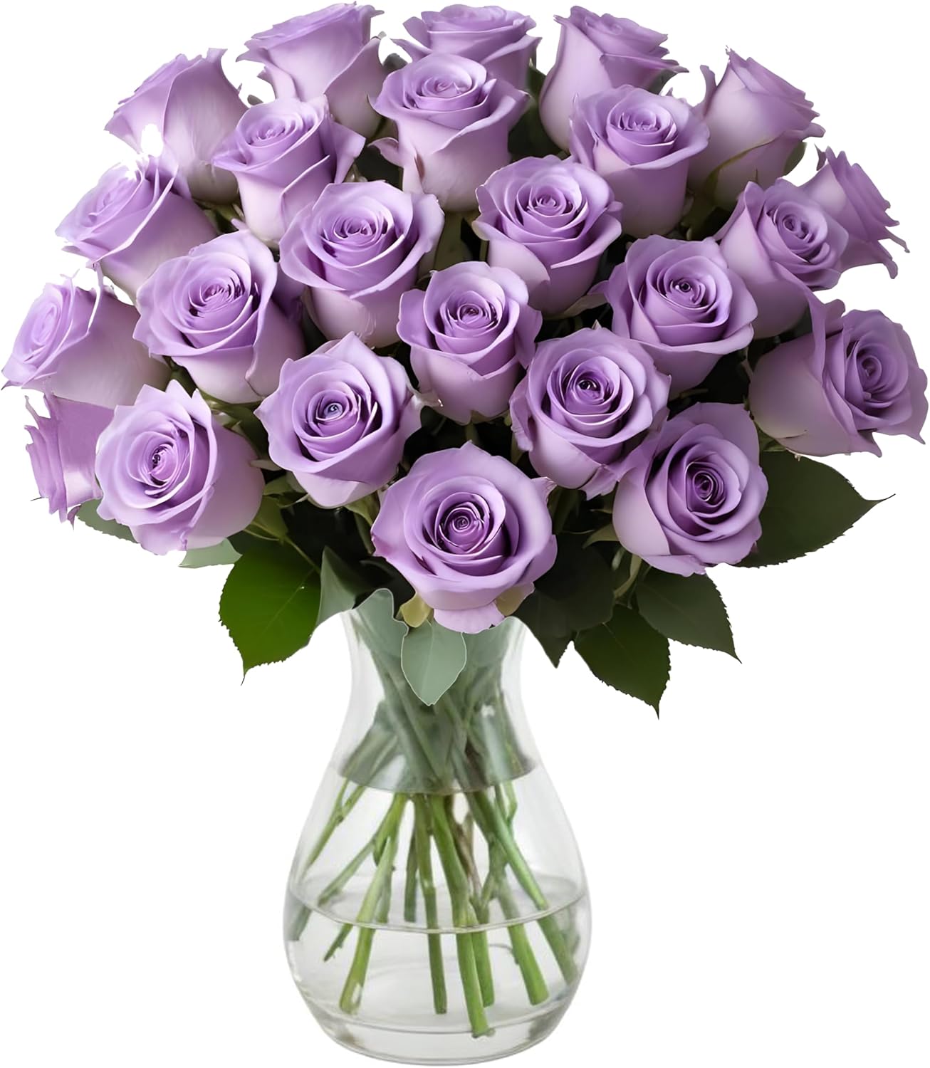 25 Purple Roses in Hand Blown Glass Vase for Any Occasion