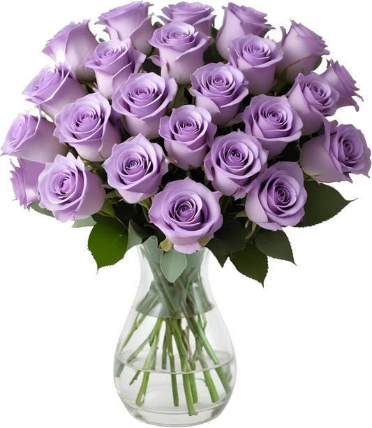 25 Purple Roses in Hand Blown Glass Vase for Any Occasion