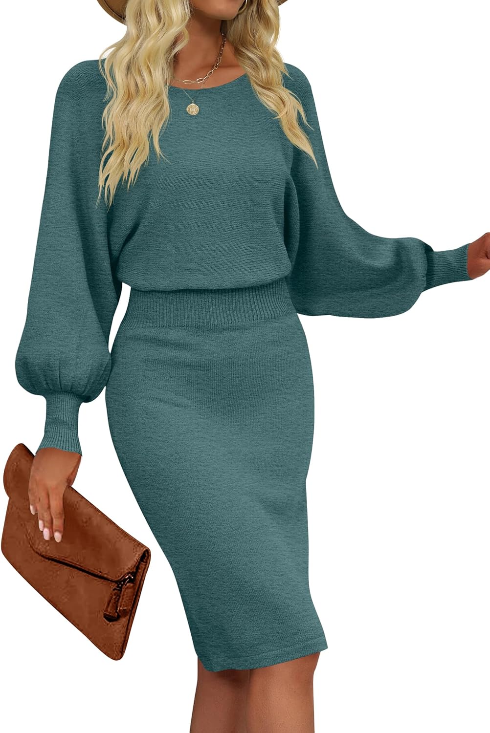MIROL Women's Casual Long Puff Sleeve Bodycon Midi Dress