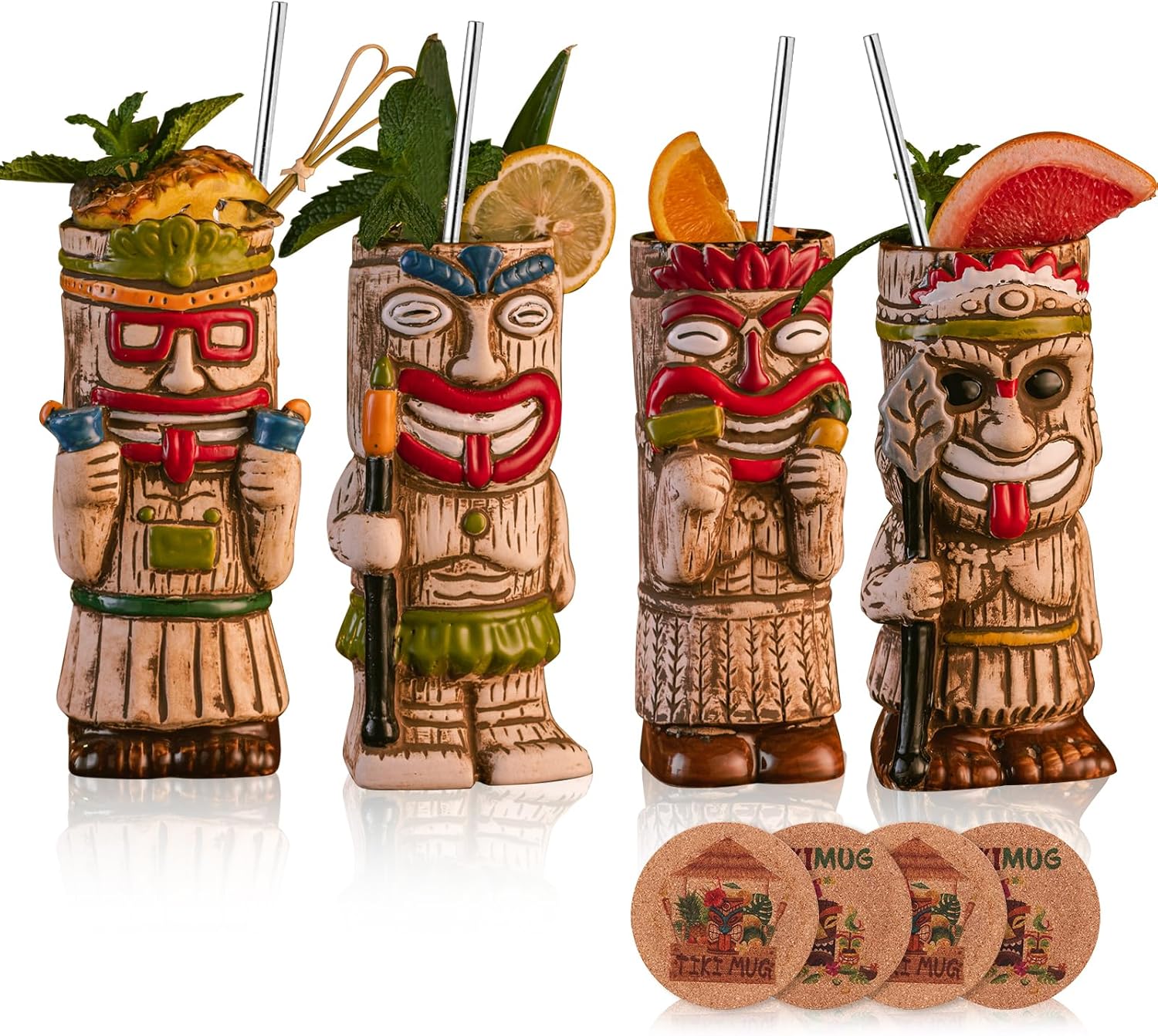 Tiki Cocktail Mugs Set - Exotic Frosted Drinkware Kit