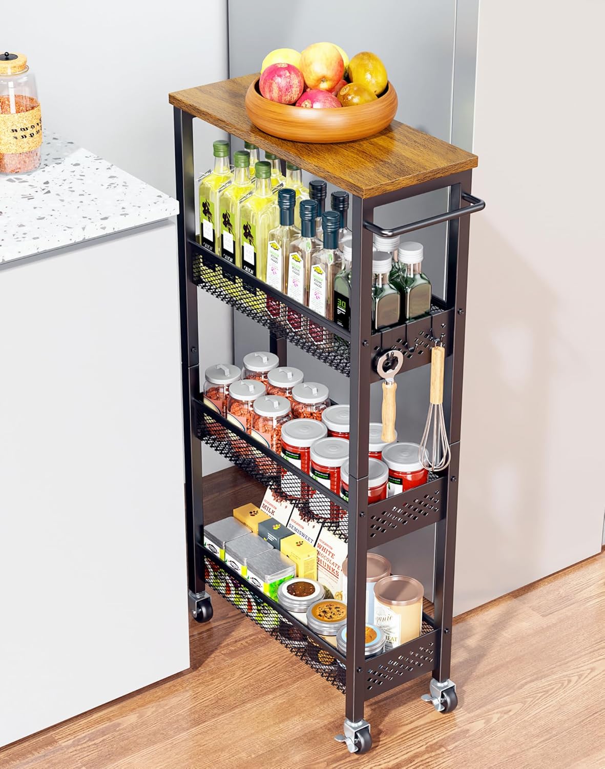 Utility Slim Storage Cart for Narrow Spaces with Wood Top