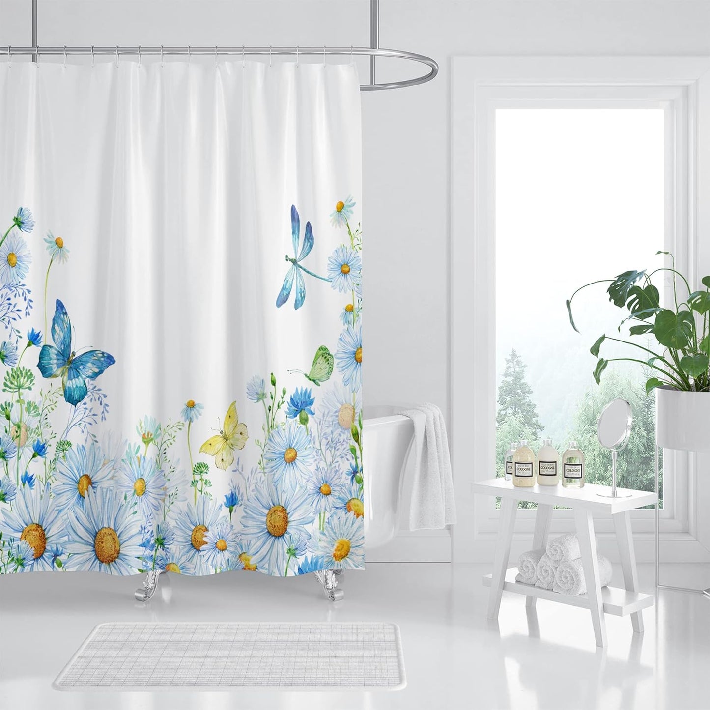 Rustic Blue Floral Shower Curtain Set - Waterproof & Stylish!