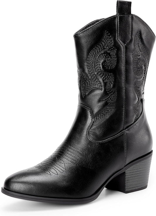 DREAM PAIRS Mid Calf Cowboy Boots with Embroidery for Women