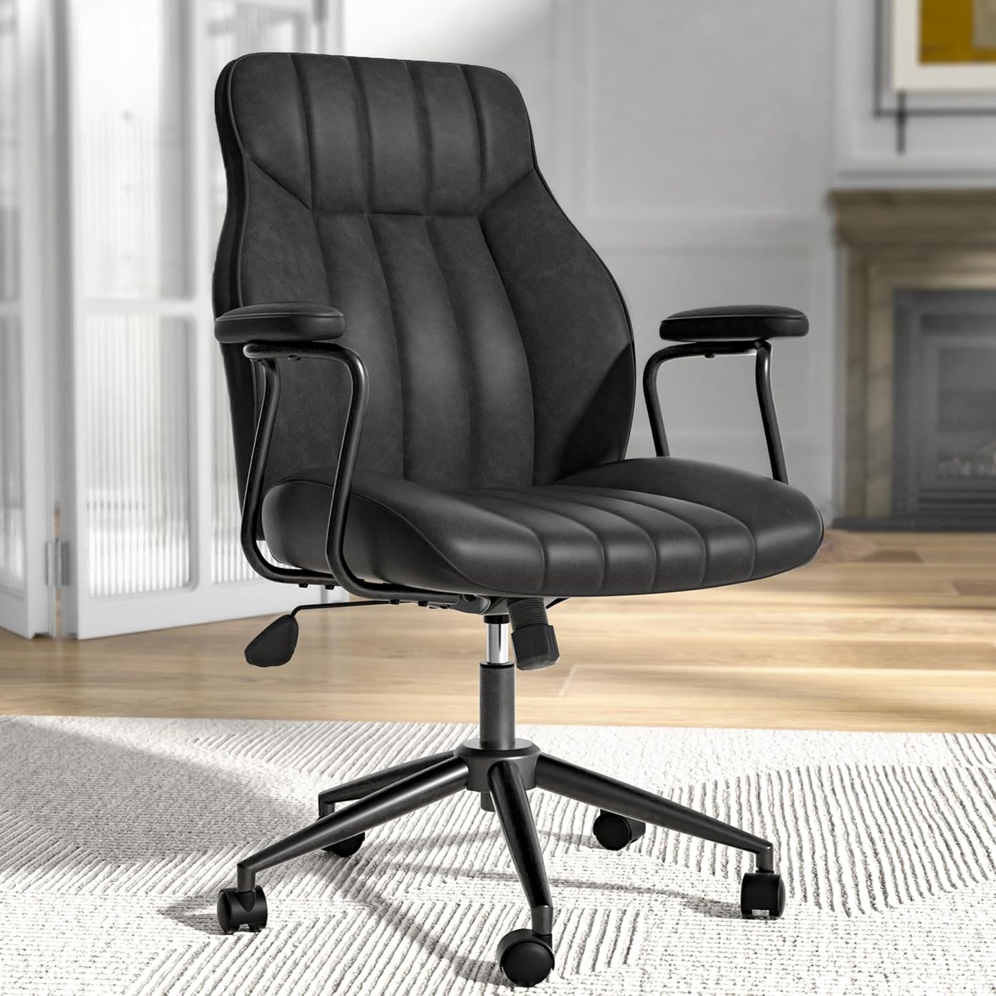 Black Leather Office Desk Chair with Wheels and Arms for Comfort
