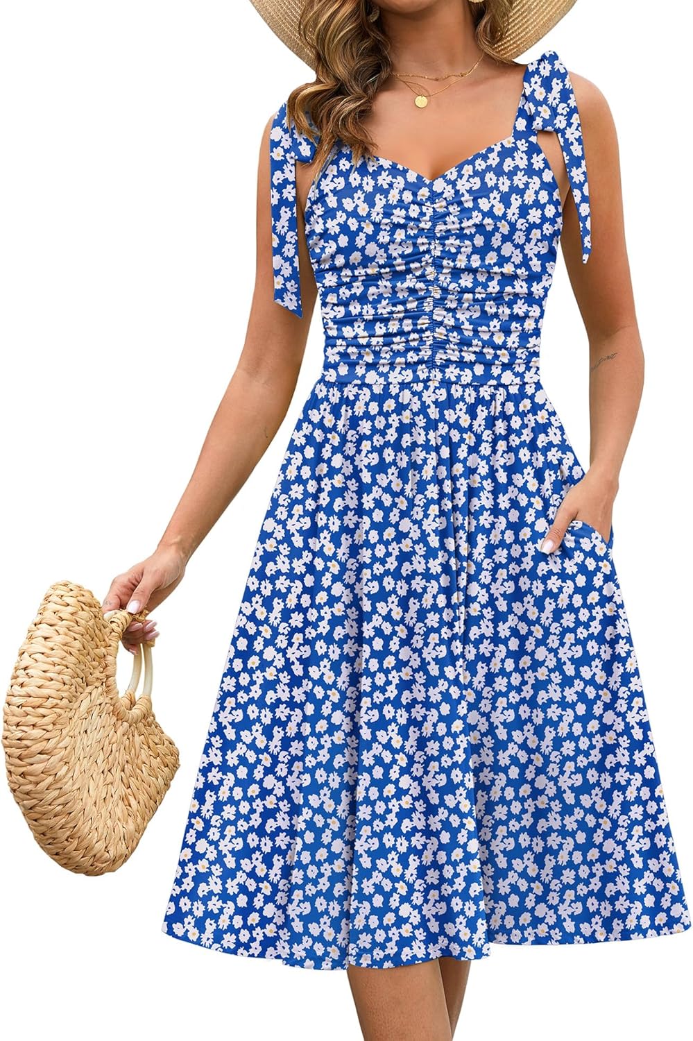 Kranda Women Summer Fall Ruched Midi Dress with Pockets