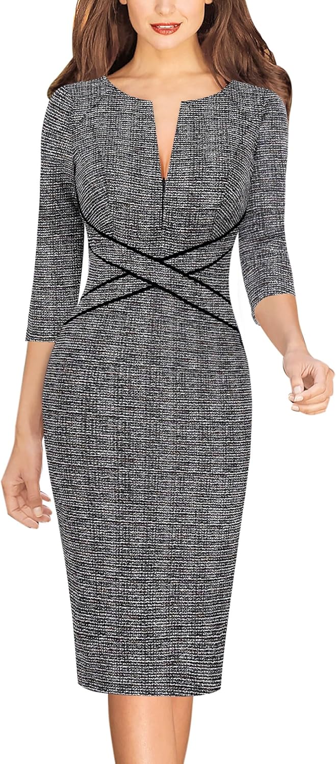 VFSHOW Womens Wear to Work Slim Colorblock Crisscross Dress