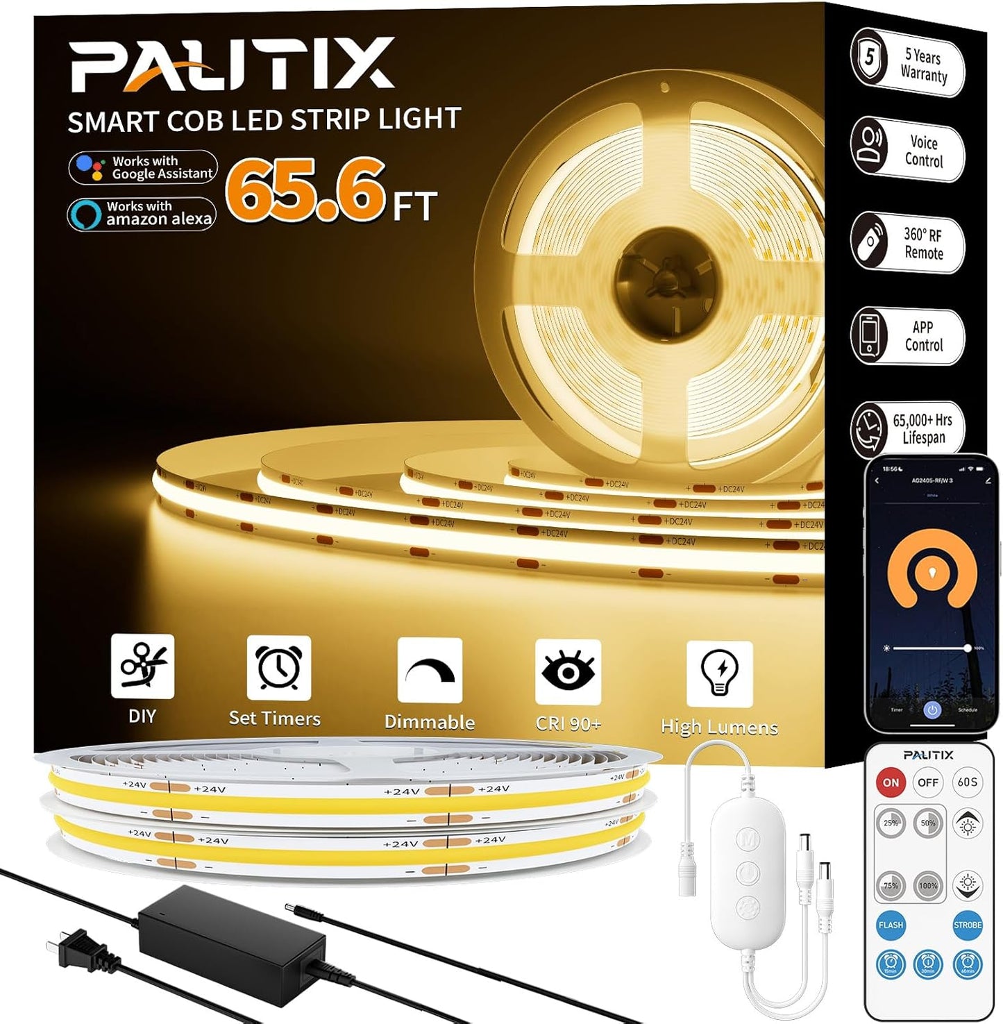 PAUTIX COB LED Strip Light 65.6ft Super Bright Dimmable Lighting