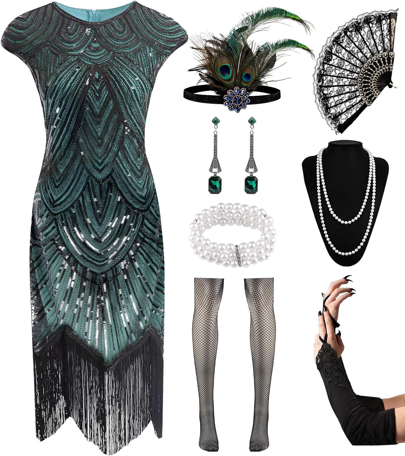 Stylish Women's Flapper Dresses 1920s with Accessories Set