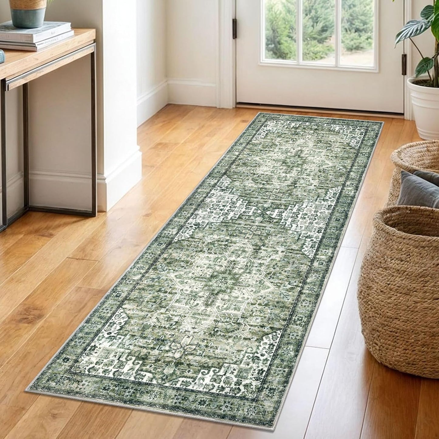 Sage Green Runner Rug for Hallways, Non-Slip Vintage Design