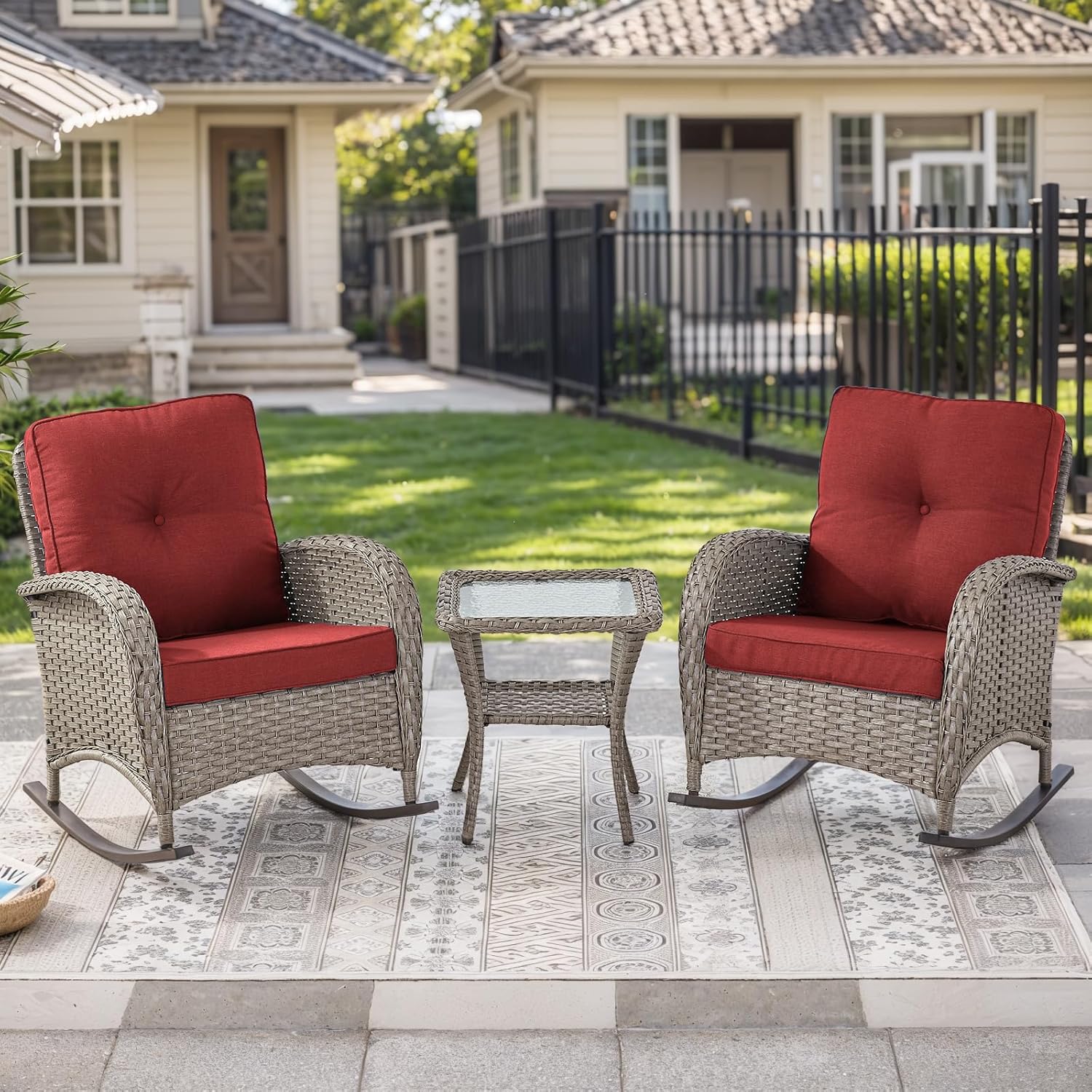 HUMMUH Outdoor Bistro Set with High Back Rocking Chairs