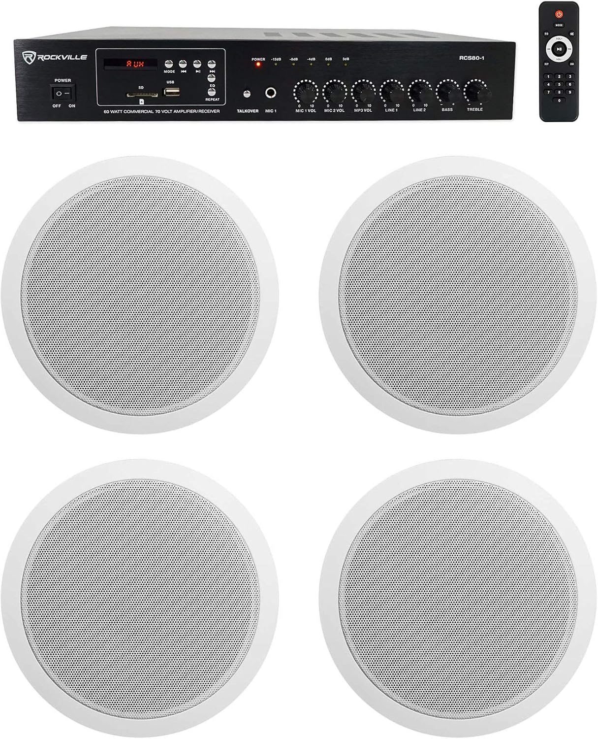Rockville Commercial Bundle: 70V Ceiling Speakers and Amplifier
