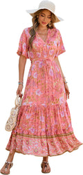 R.Vivimos Womens Summer Cotton V Neck Floral Midi Dresses