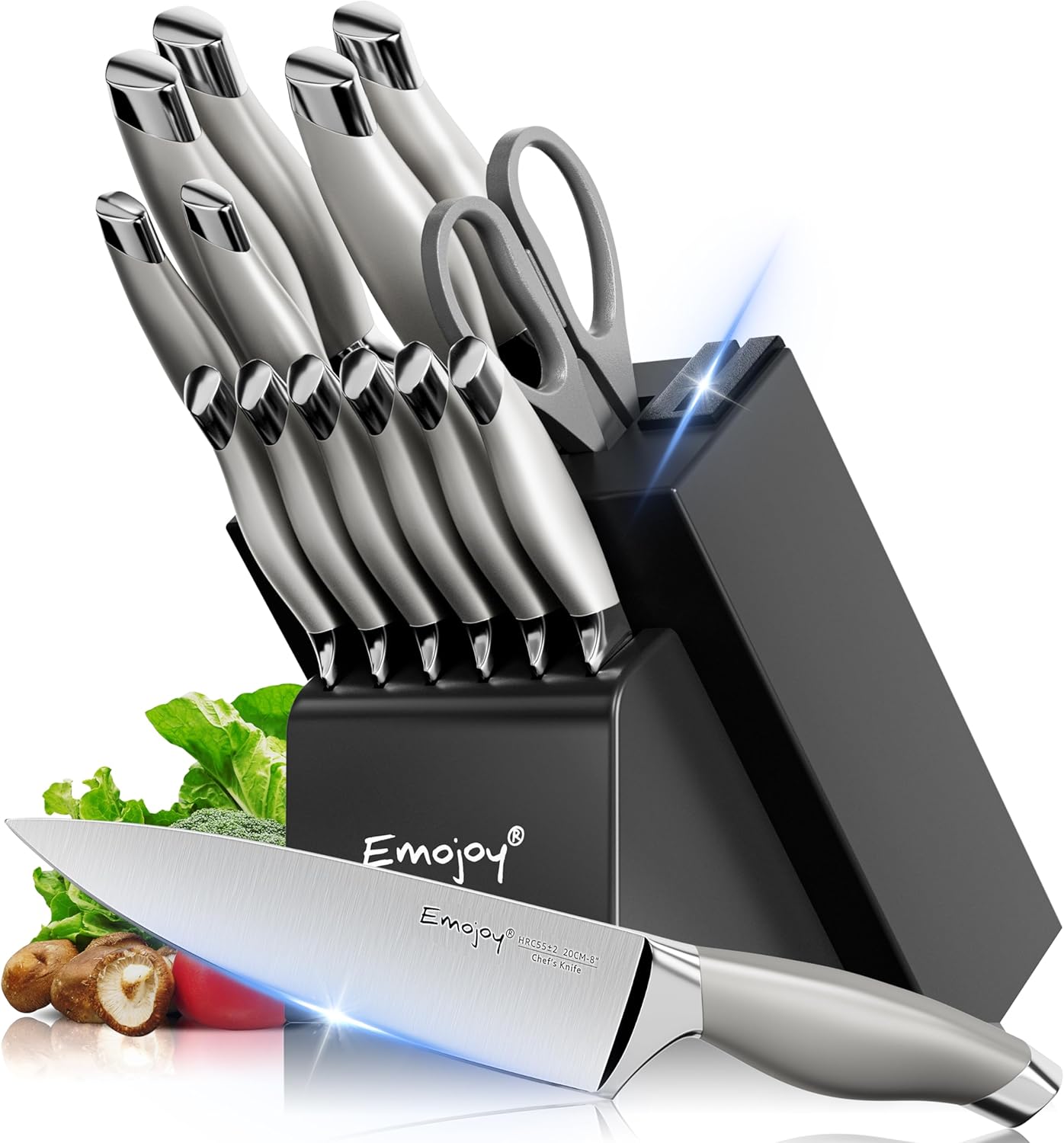 Emojoy 15-Piece Kitchen Knife Set with Built-in Sharpener