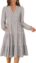 ANRABESS Long Sleeve Midi Dress V Neck Loose Fit - Casual Boho Midi