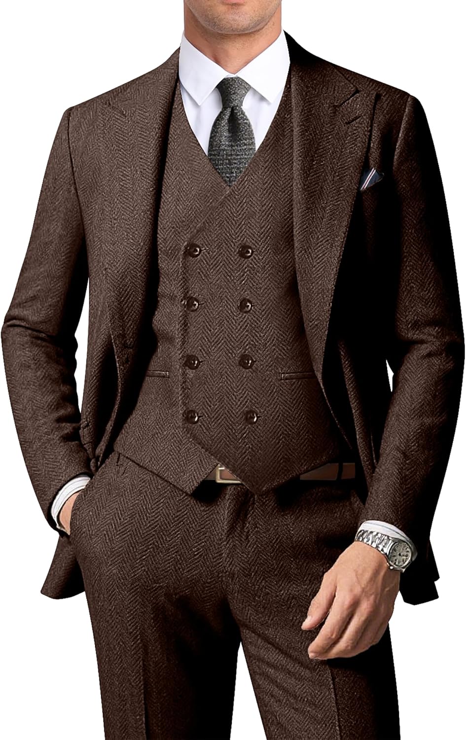 Men's Herringbone Tweed Suit Set for Weddings and Prom Events