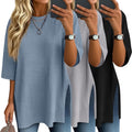 3 Pack Women's 3/4 Sleeve Waffle Knit Tops Oversized Crewneck - Cozy
