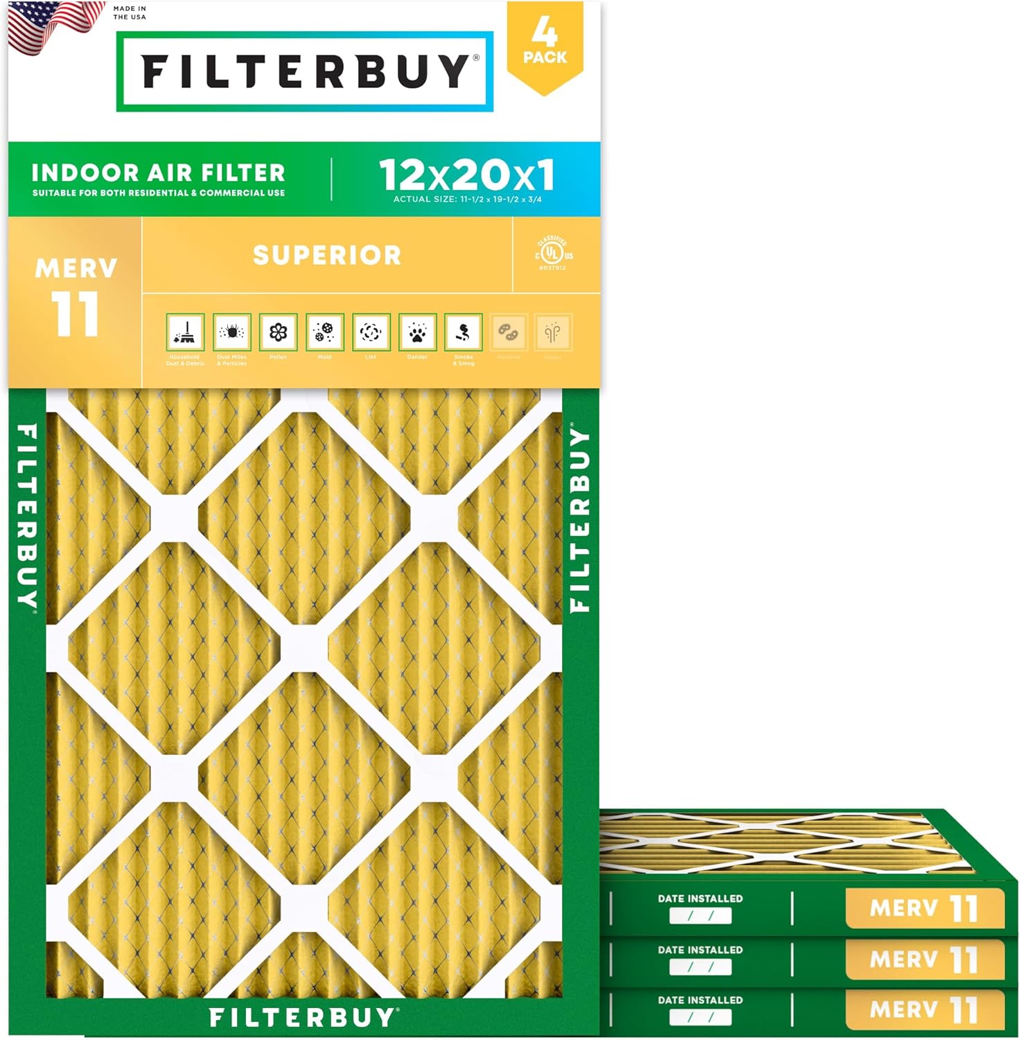 Filterbuy 12x20x1 Air Filter MERV 11 for Pet & Allergy Defense