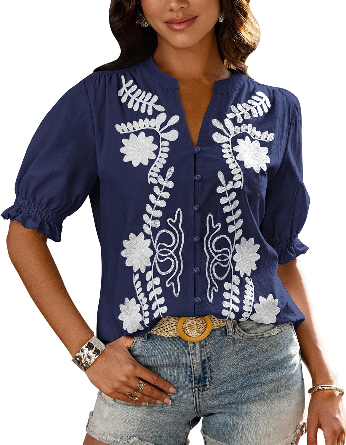 BTFBM Women's Summer Floral V Neck Puff Sleeve Casual Tops