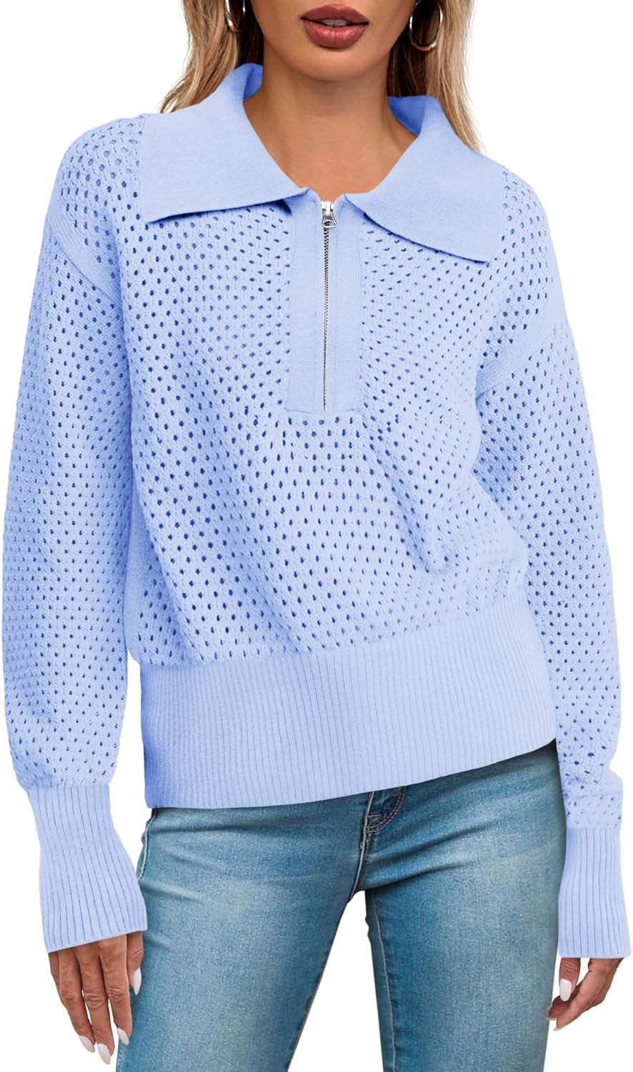 Women's Half Zip Pullover Sweater with Crochet Collar Design
