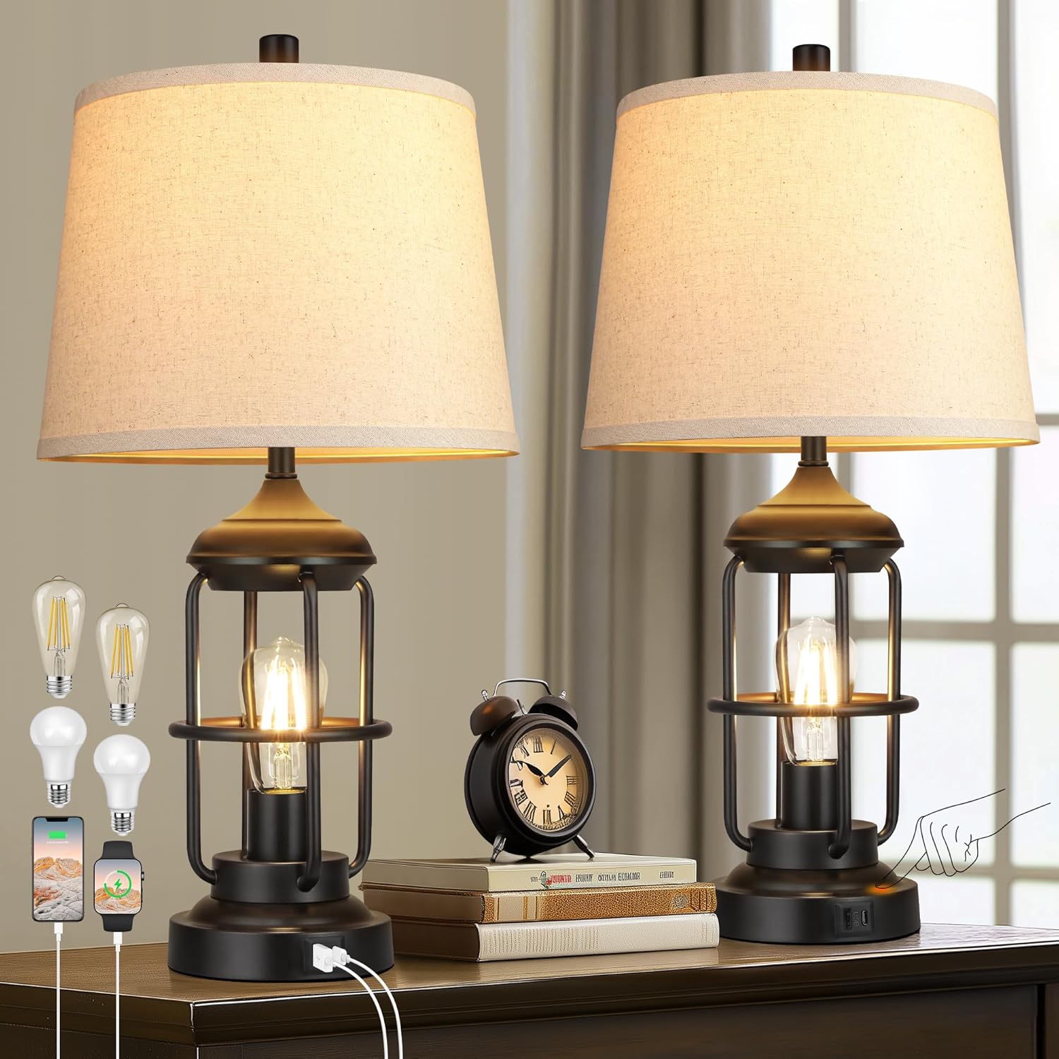 Qimh Table Lamp Set of 2 with USB Ports and Dimmable Touch Control