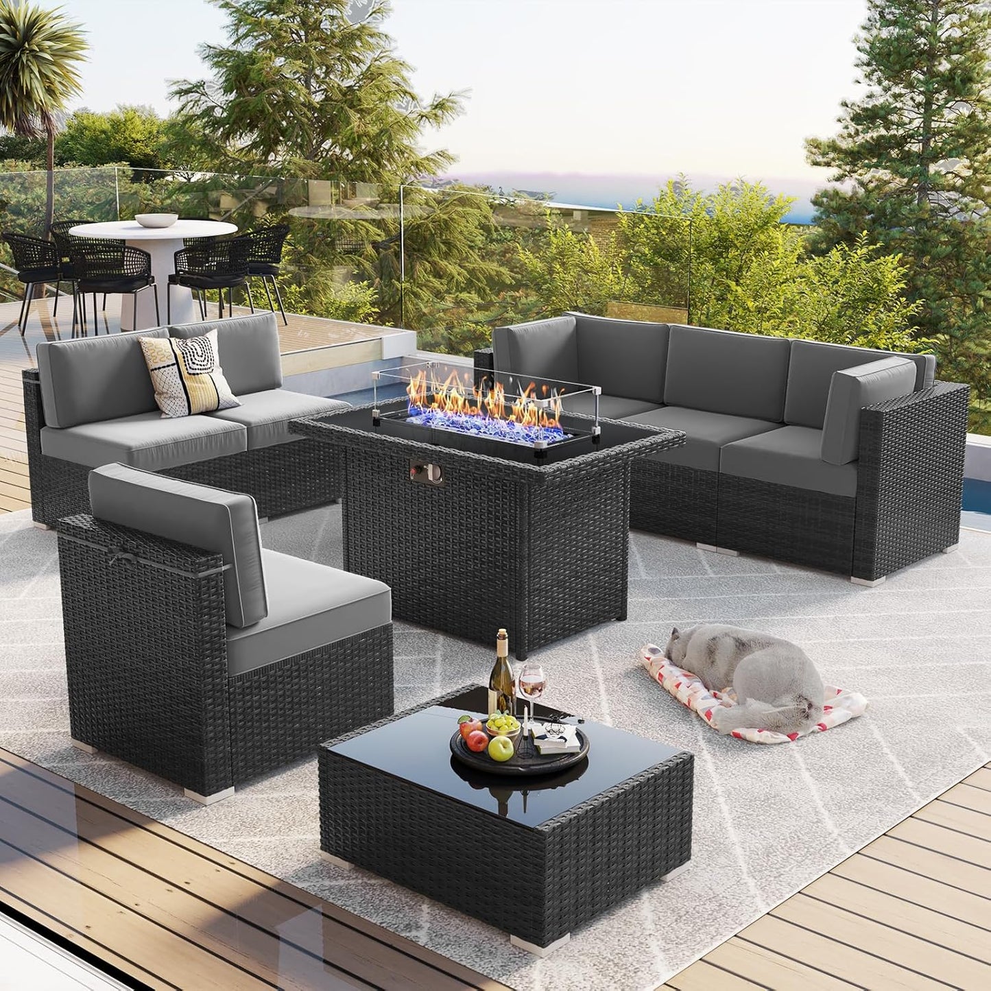 LayinSun 8 Piece Patio Furniture Set with Fire Pit Table