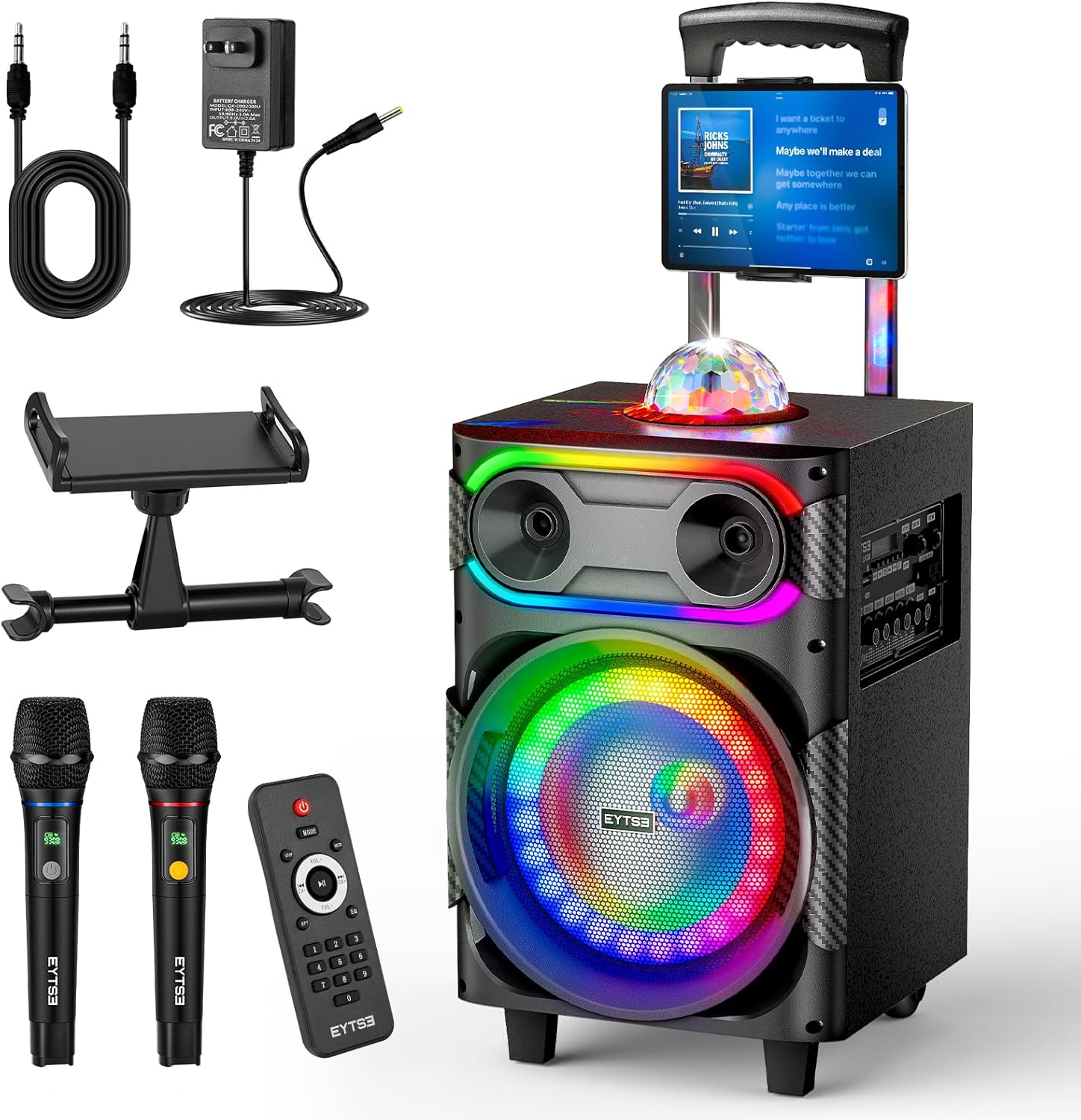 Portable Karaoke System: 250W Peak Power, Disco Lights, Tablet Holder