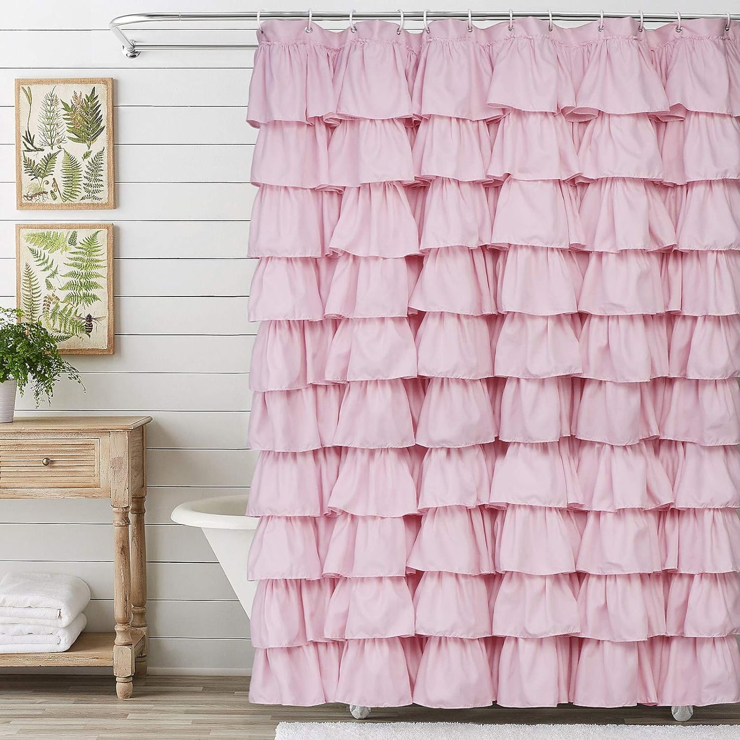 Farmhouse Chic Pink Ruffle Shower Curtain 72x72 - Rustic Charm for Bathroom