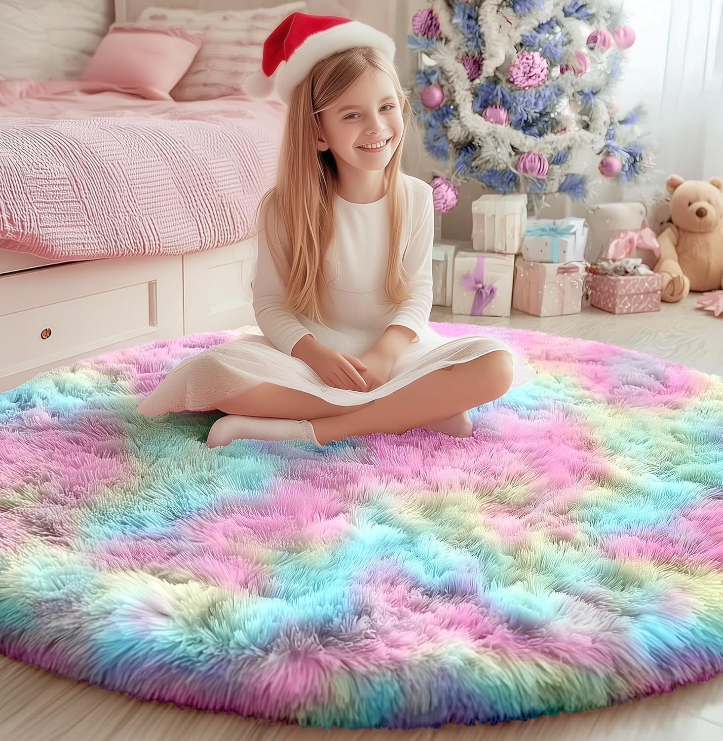 PAGISOFE Round Rugs 5Ft - Fluffy Rainbow Rug for Kids Room