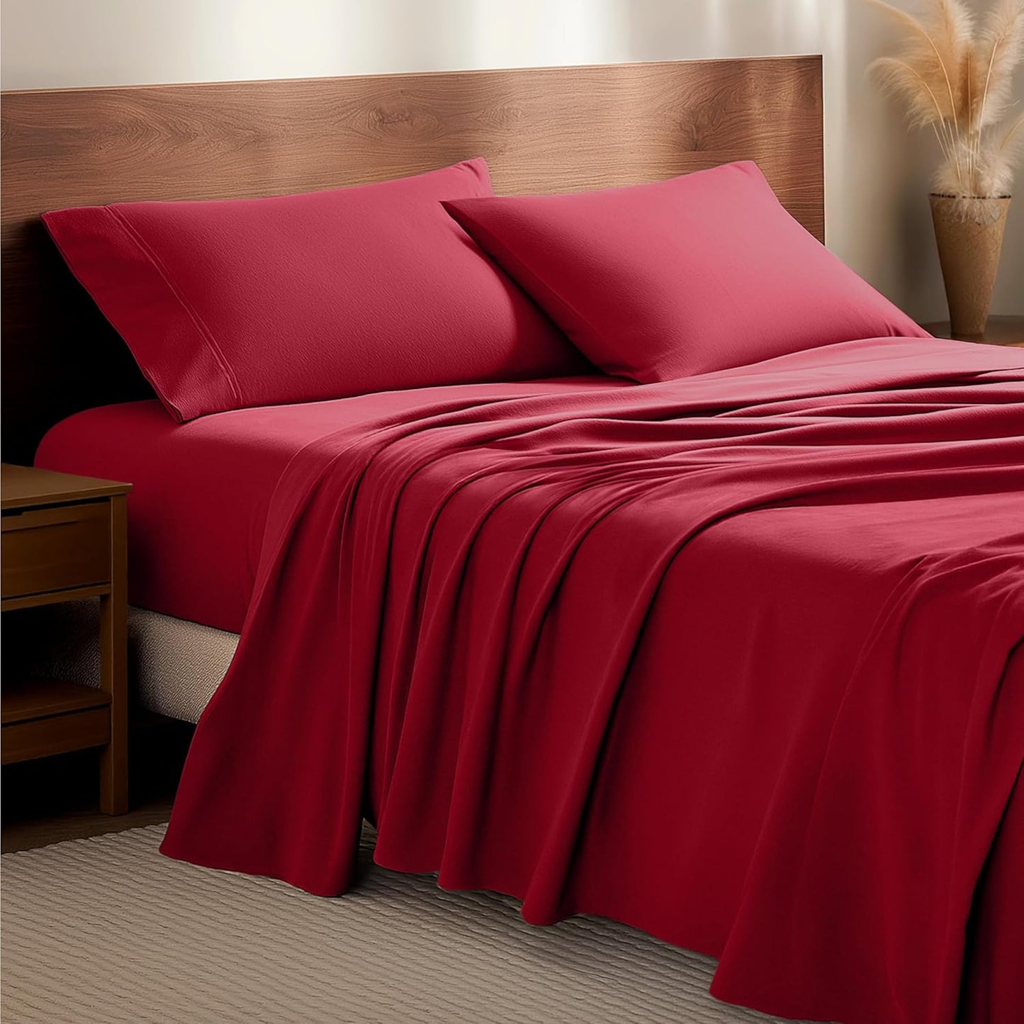 Bare Home Flannel Sheet Set - 100% Cotton Twin Red Sheets