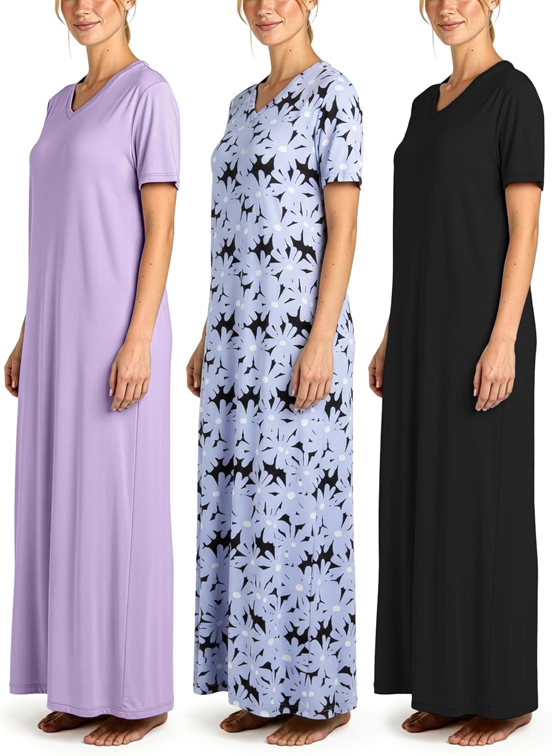 Women's V-Neck Long Nightgowns: Soft Maxi Nightshirt 3 Pack