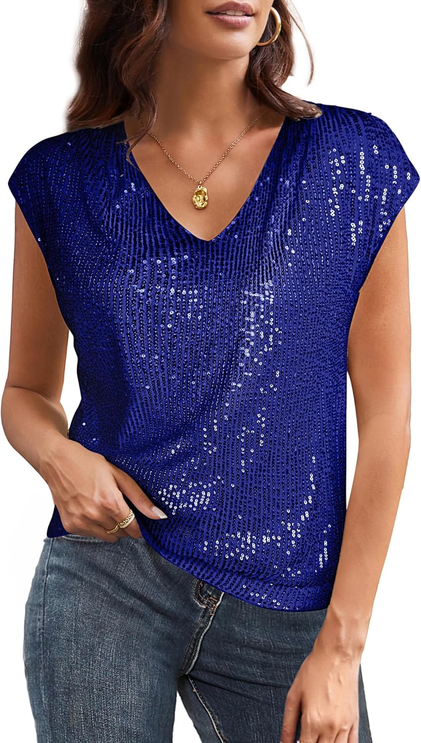 Dazzling V Neck Sequin Short Sleeve Tops for Women Parties