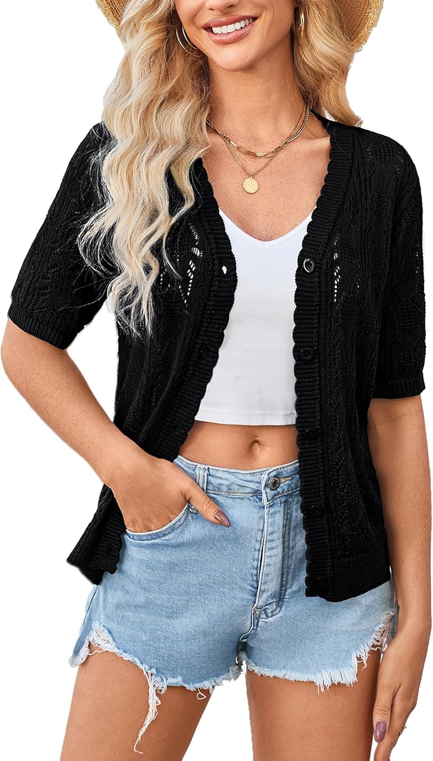 Yekaty Womens Short Sleeve Crochet Summer Cardigan for Dress