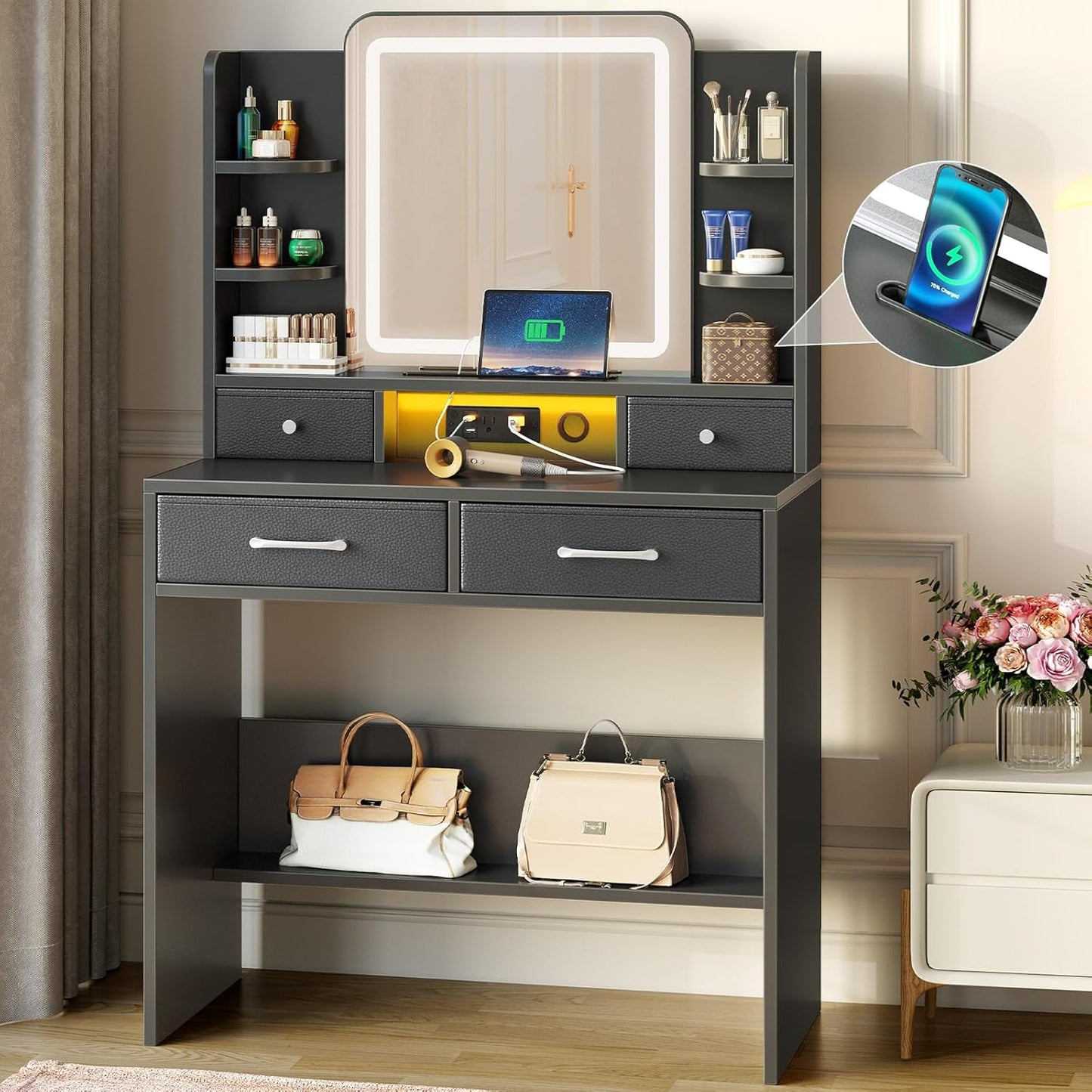 GREENSTELL Makeup Vanity: 12 Storage, 3 Light Modes