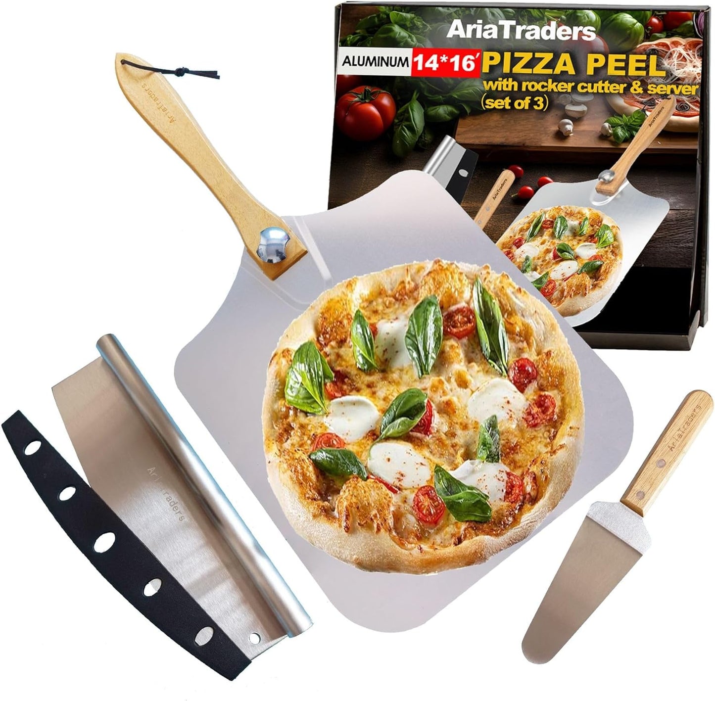 Aluminum Metal Pizza Peel 16 Inch with Wooden Handle for Easy Use