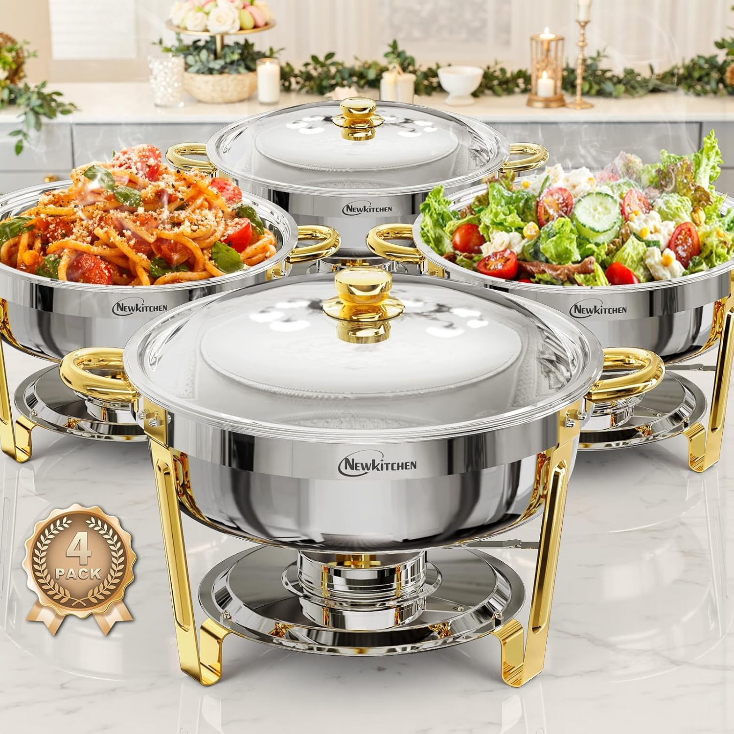 Elegant 6QT Round Chafing Dishes for Buffet Set - 4 Pack