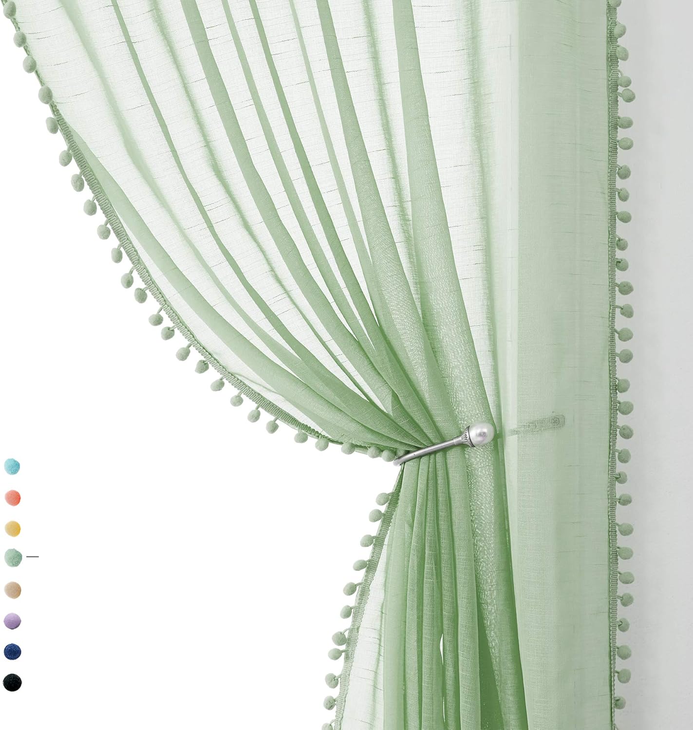 Pom-Pom Green Sheer Curtains for Bedroom and Living Room