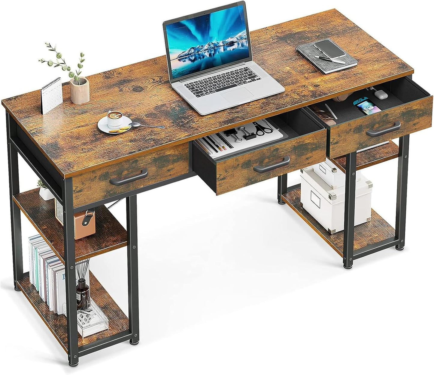 ODK Office Small Computer Desk with Fabric Drawers & Shelves